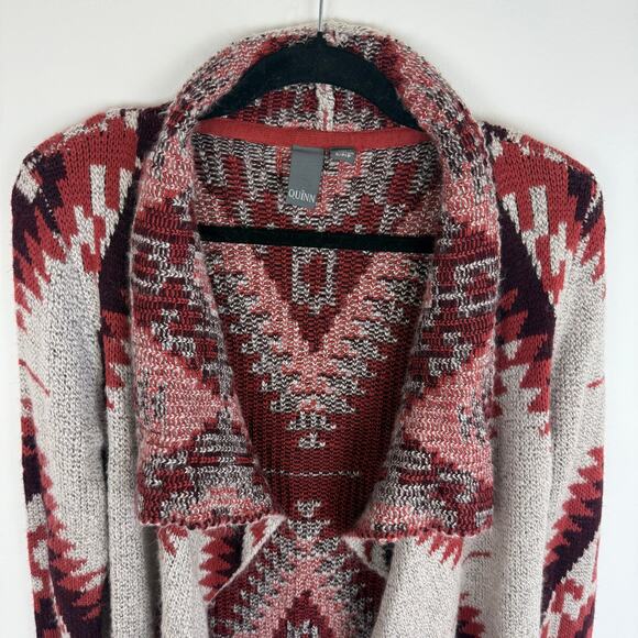 Quinn Womens Long Sleeve Knit Aztec Ethnic Open Cardigan Red/Grey Sweater Small - Picture 3 of 9